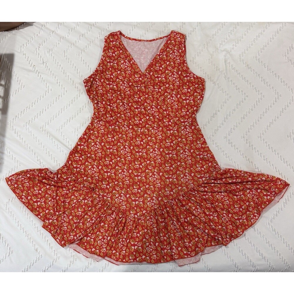 Red Floral Sleeveless Fit & Flare Dress Ruffle Short V-Neck Women